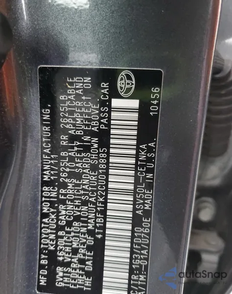 2012 Toyota Camry Base z USA, uszkodzony, nr VIN 4T1BF1FK2CU018885